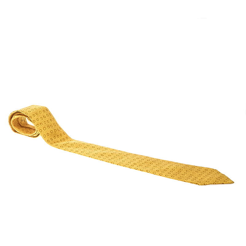 Pre Owned Hermes Vintage Mustard Yellow Circle Print Silk Tie