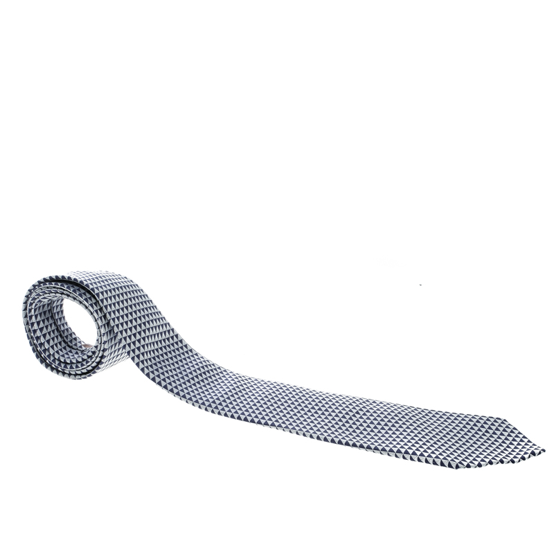 Pre Owned Hermes Navy Blue and White Geometric Pattern Silk Jacquard Tie