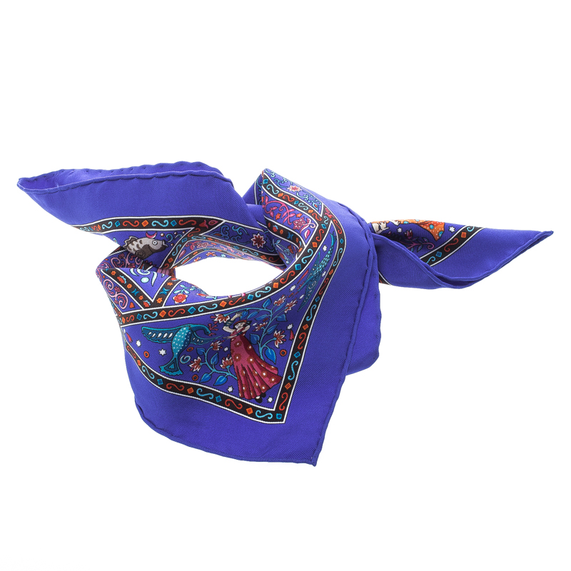 Hermes Blue Peuple Du Vent Printed Silk Pocket Square