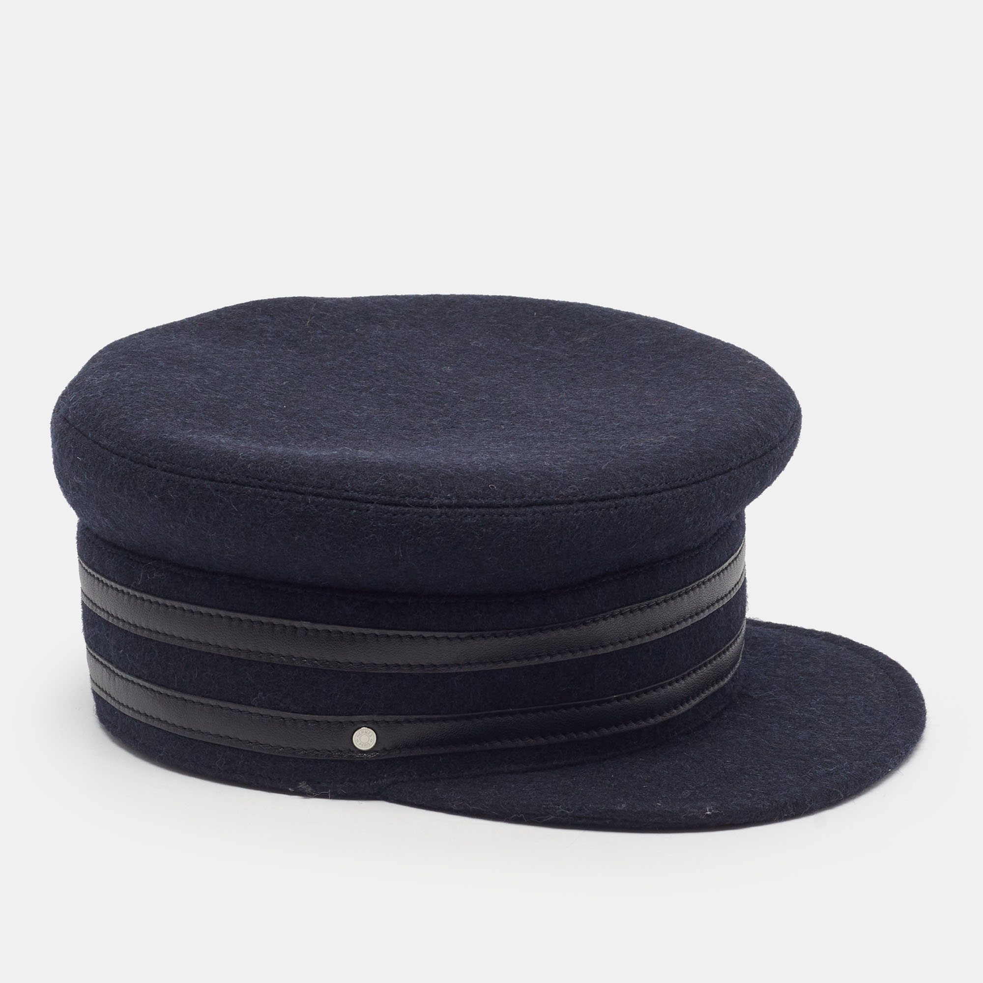 Herm&egrave;s Navy Blue Wool and Leather Conductor Hat Size 57