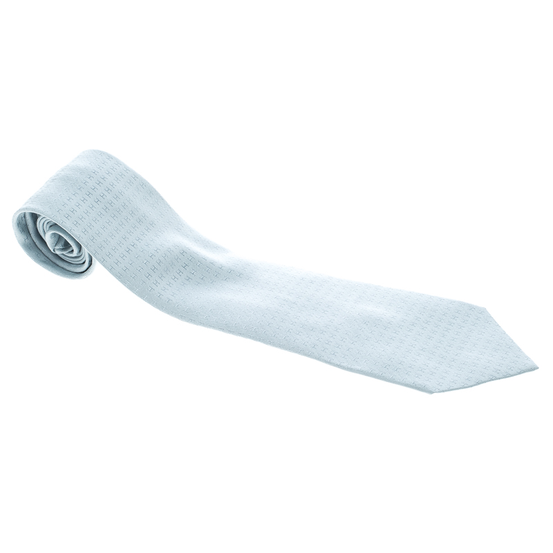 Pre Owned Hermes Powder Blue H Pattern Silk Jacquard Traditional Tie