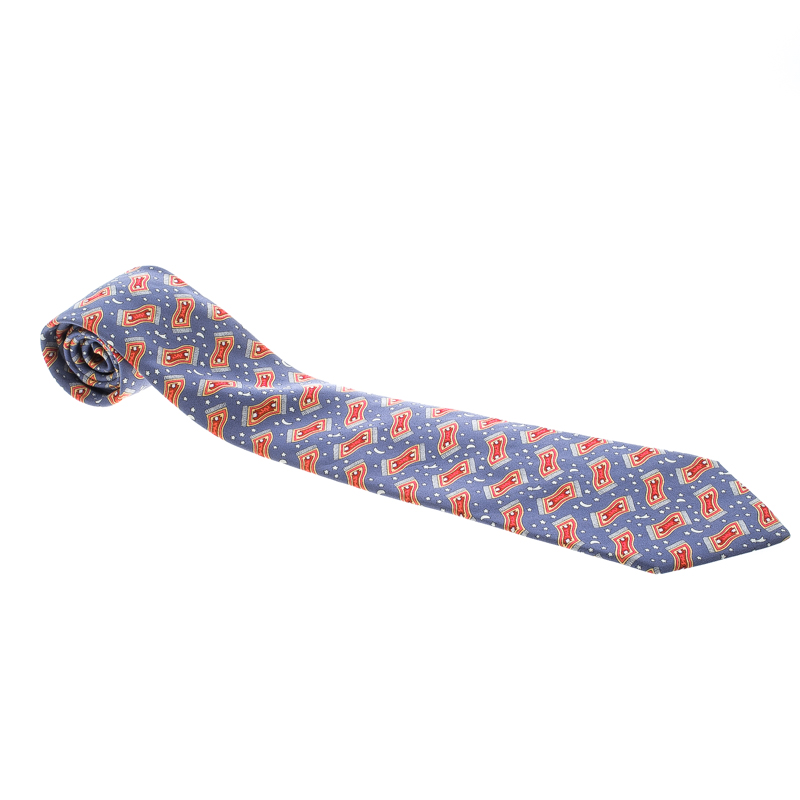 Pre Owned Hermes Blue Magic Carpet Print Silk Tie