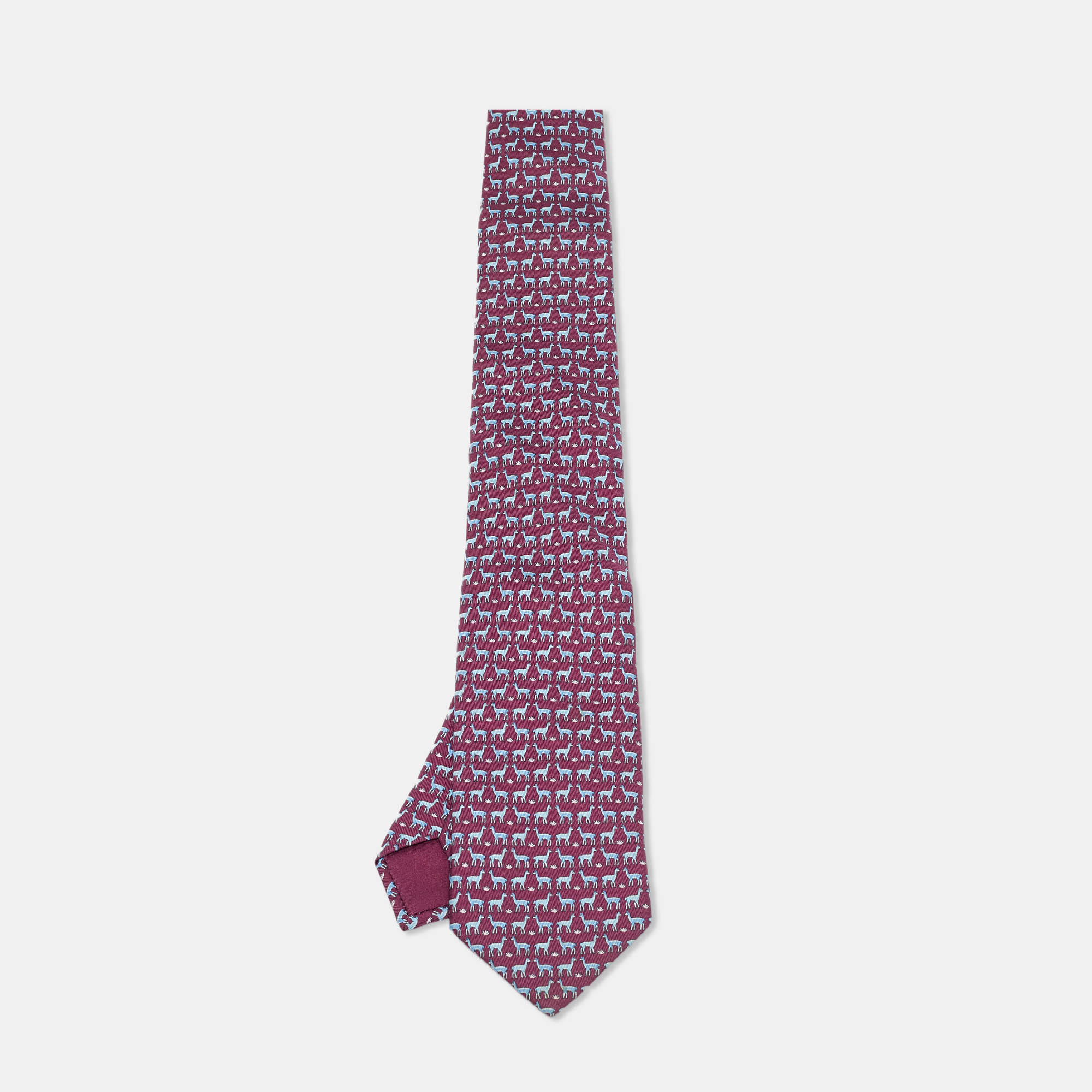 Hermes Burgundy Whimsical Alpacas Pattern Silk Tie