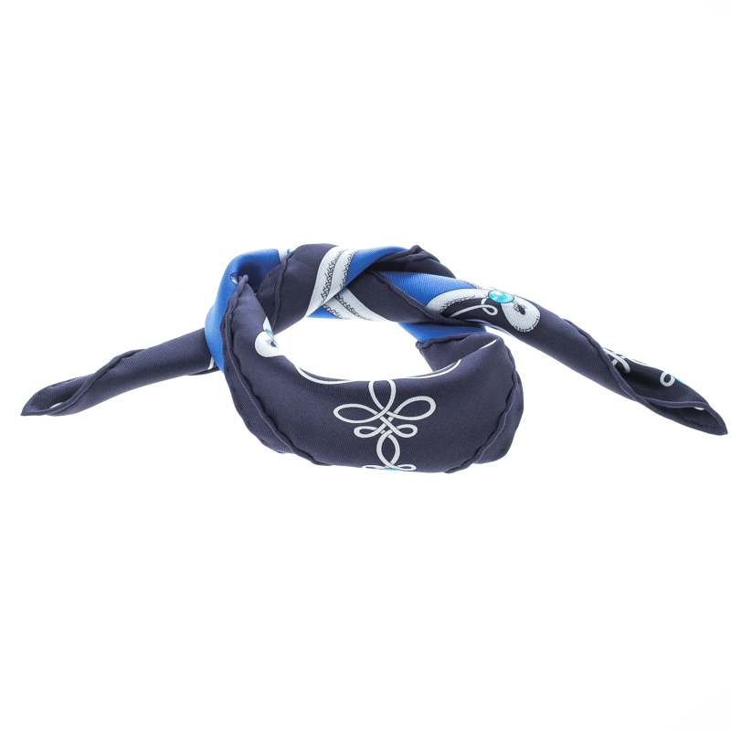 Pre Owned منديل جيب هيرمس حرير بنقوش براندبروج ميلاتري أزرق مربع