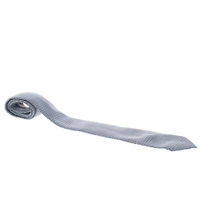 Pre Owned Hermes Navy Blue and White Maille H Silk Jacquard Tie