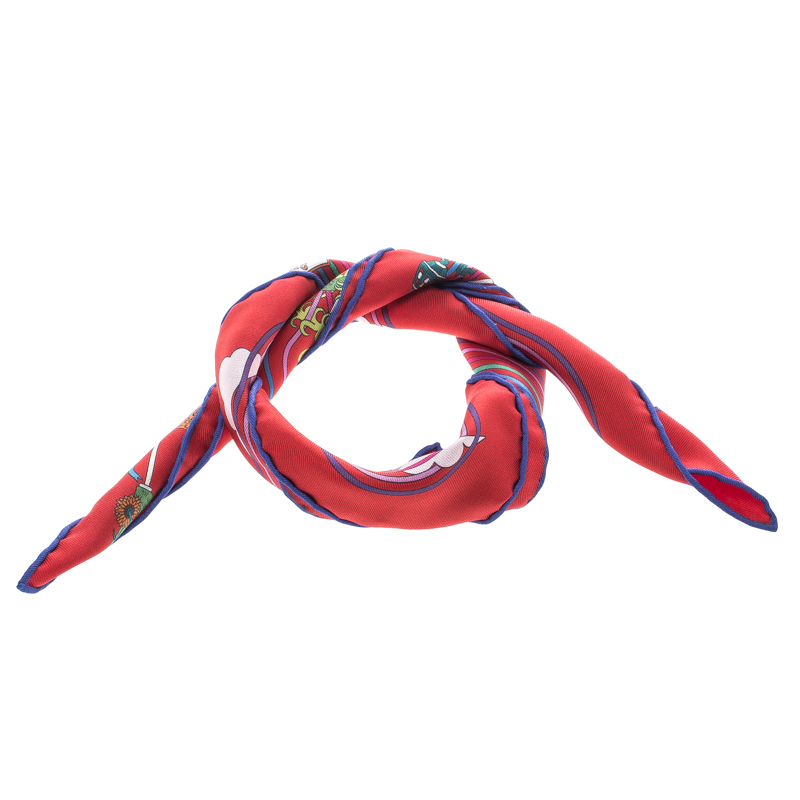 Pre Owned منديل جيب هيرمس لا ميزون دي كاري حرير منقوش أحمر مربع