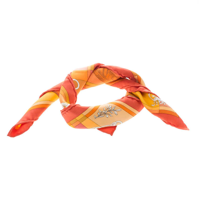 Pre Owned Hermes Della Cavalleria Orange Printed Silk Pocket Square