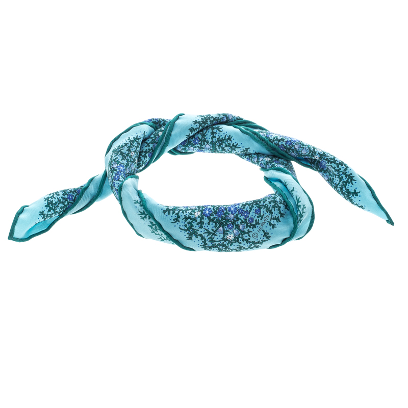 مملوكة مسبقًا Hermes Blue and Green Floral Printed Silk Pocket Square