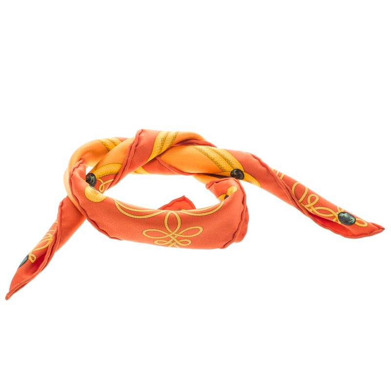 Pre Owned Hermes Orange Brandebourgs Military Printed Silk Pocket Square