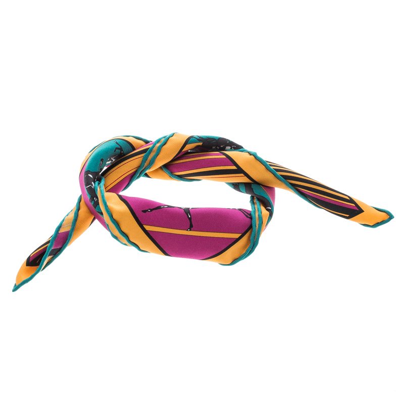 Pre Owned منديل جيب هيرمس ايكويستريان هورس ريس حرير بنقوش مخطط متعدد الألوان مربع