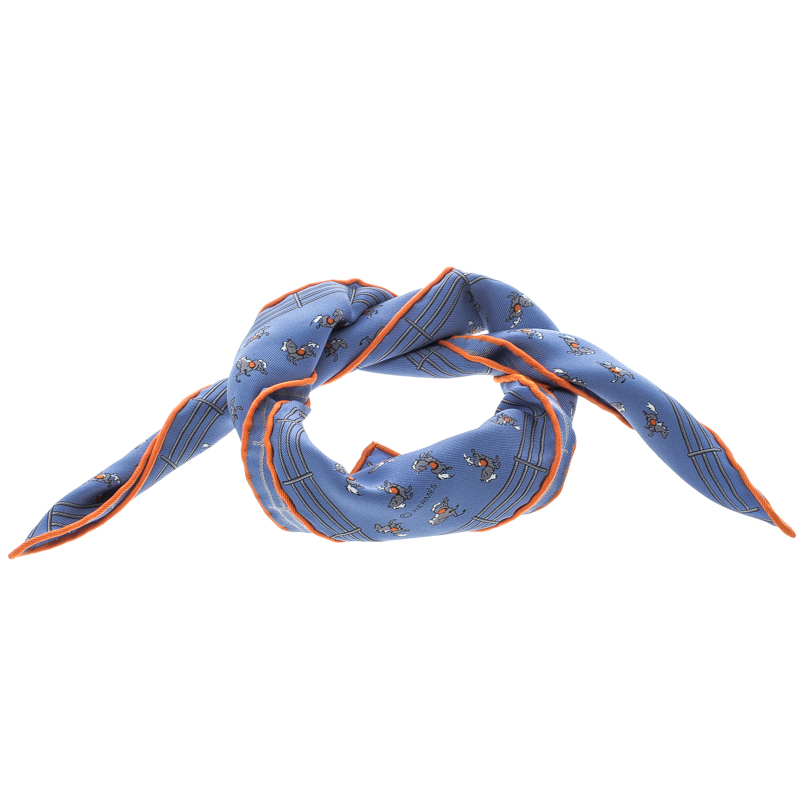 Hermes Blue Equestrian Fence Printed Silk Pocket Square