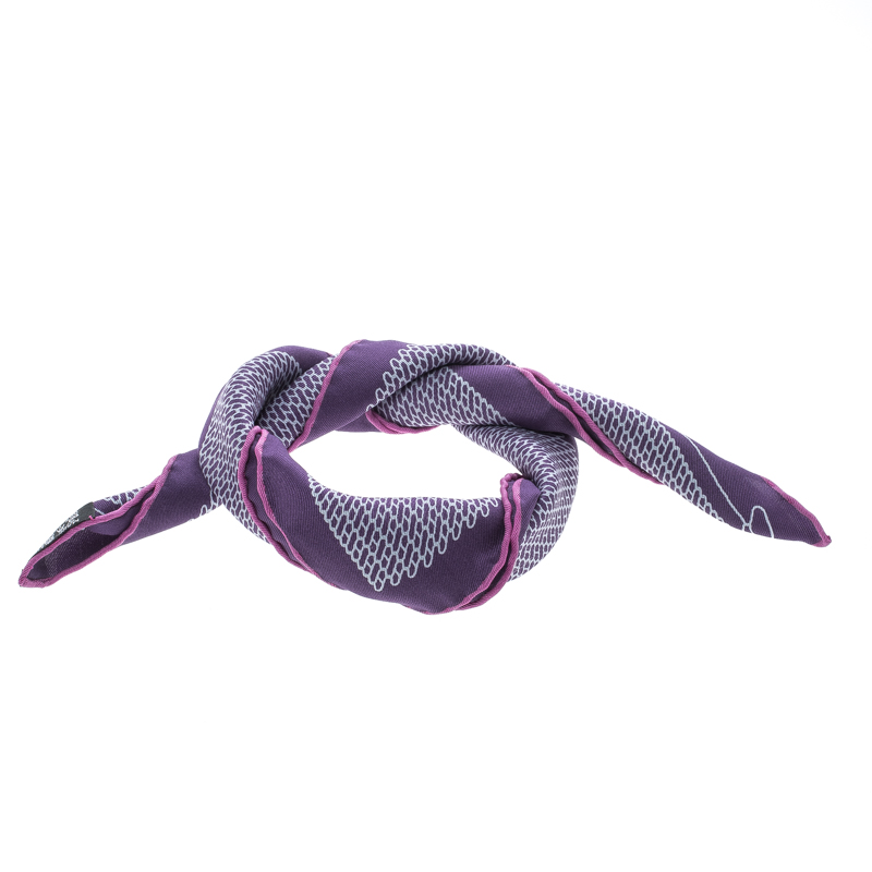 Pre Owned Hermes Purple Cursive H Pattern Printed Silk Pocket Square 