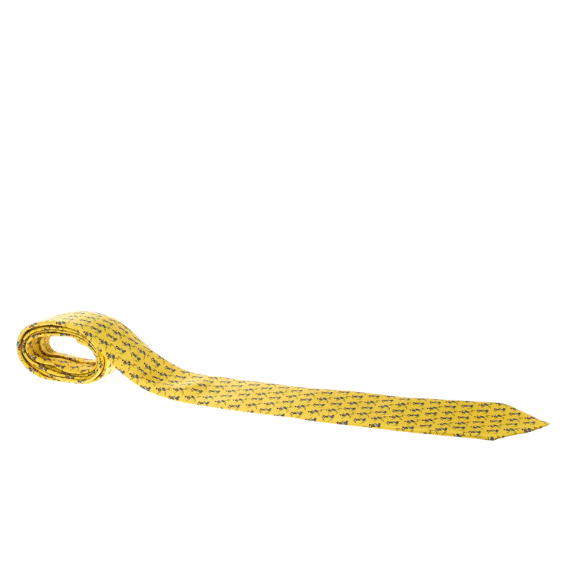 Pre Owned Hermes Yellow Skate Boy Printed Silk Tie 