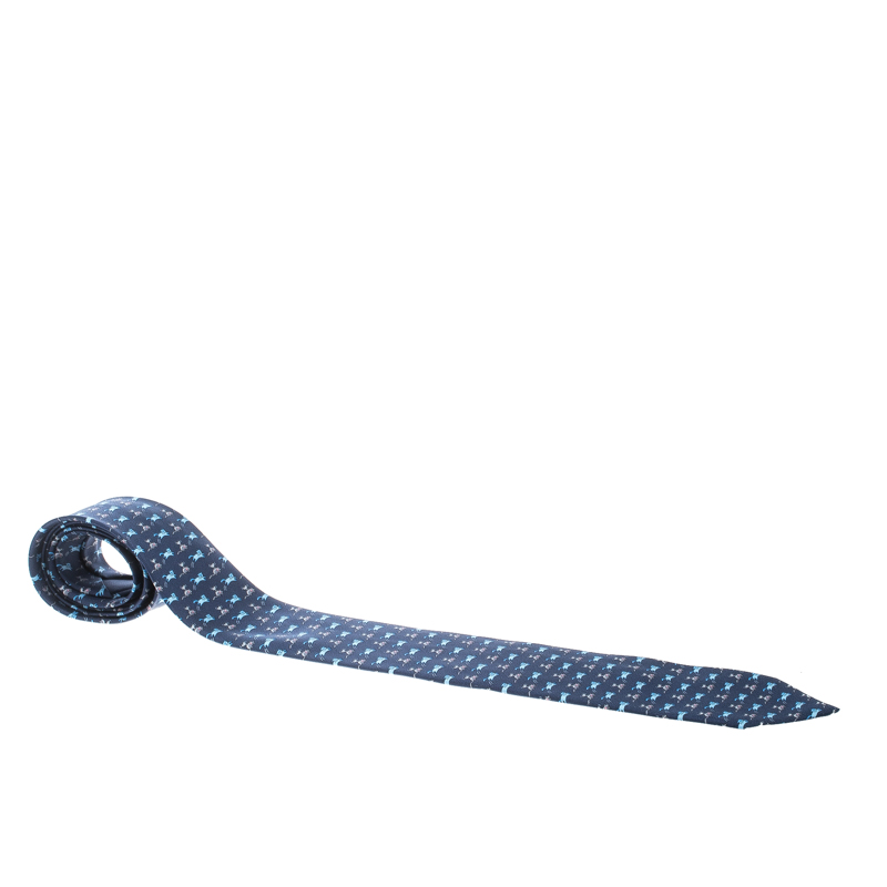 Pre Owned Hermes Navy Blue Cat and Mouse Printed Silk Twill Tie 