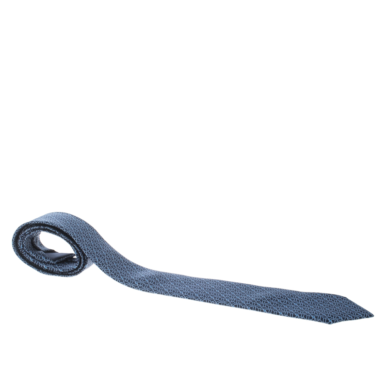 Pre Owned Hermes Navy Blue Printed Silk Twill Tie