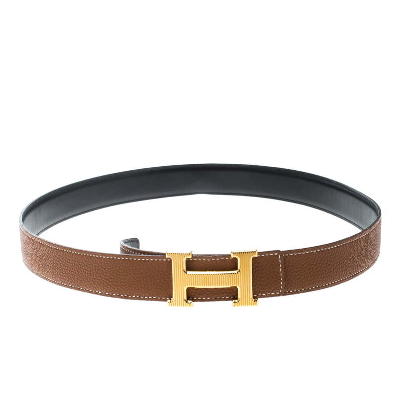 Pre Owned Hermès Black/Brown Leather Reversible Gold Grooved Finished H Buckle Belt 95cm