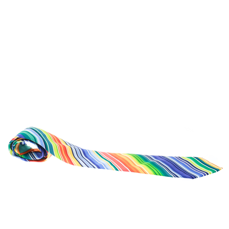 Pre Owned Hermess Multicolor Diagonal Rainbow Striped Silk Tie