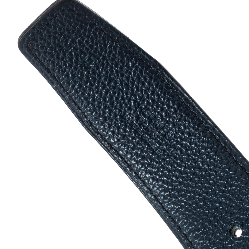 Hermès Black/Blue Leather Reversible Silver Hammered Finished H Buckle Belt  90cm Hermes