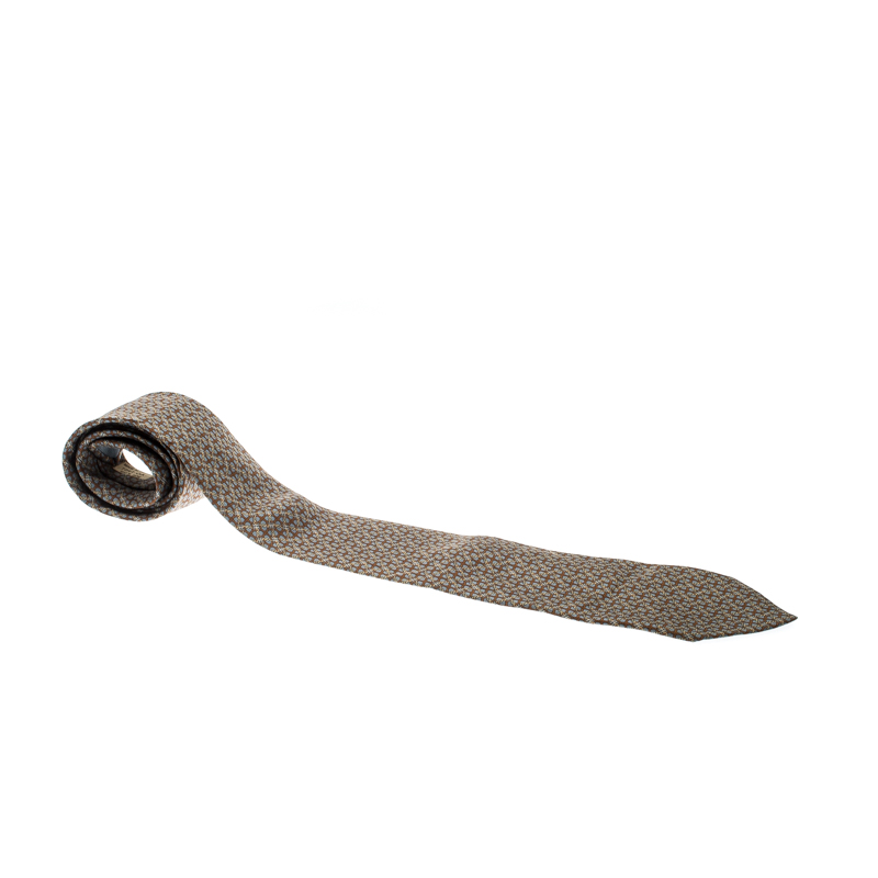 Pre Owned Hermes Grey and Brown Chain Link Pattern Printed Silk Tie