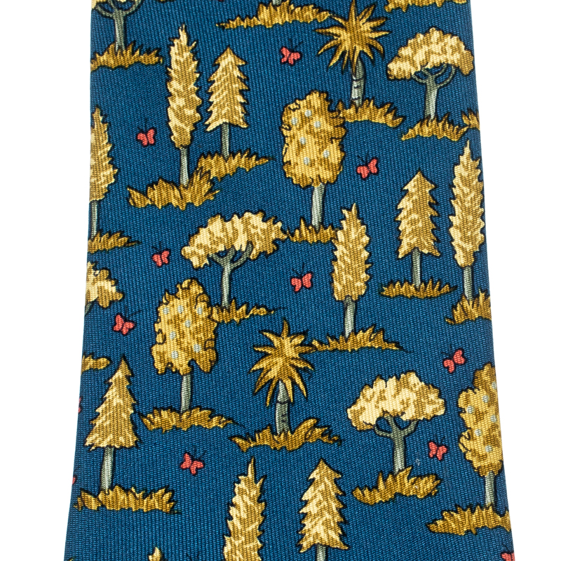

Hermes Blue Silk Gold Tree Print Tie