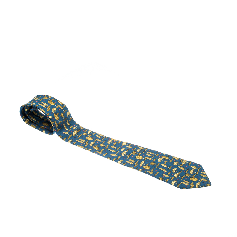Pre Owned Hermes Blue Silk Gold Tree Print Tie 