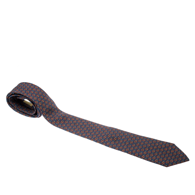 مملوكة مسبقًا Hermes Navy Blue Red Rope Geometric Print Silk Tie 