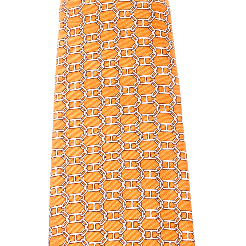 

Hermes Orange Equestrian Chain Link Print Silk Tie