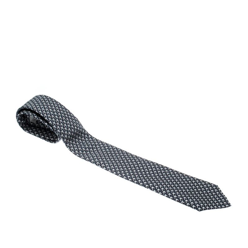 Pre Owned Hermes Navy Blue Aeroplanes and Swallows Print Silk Tie