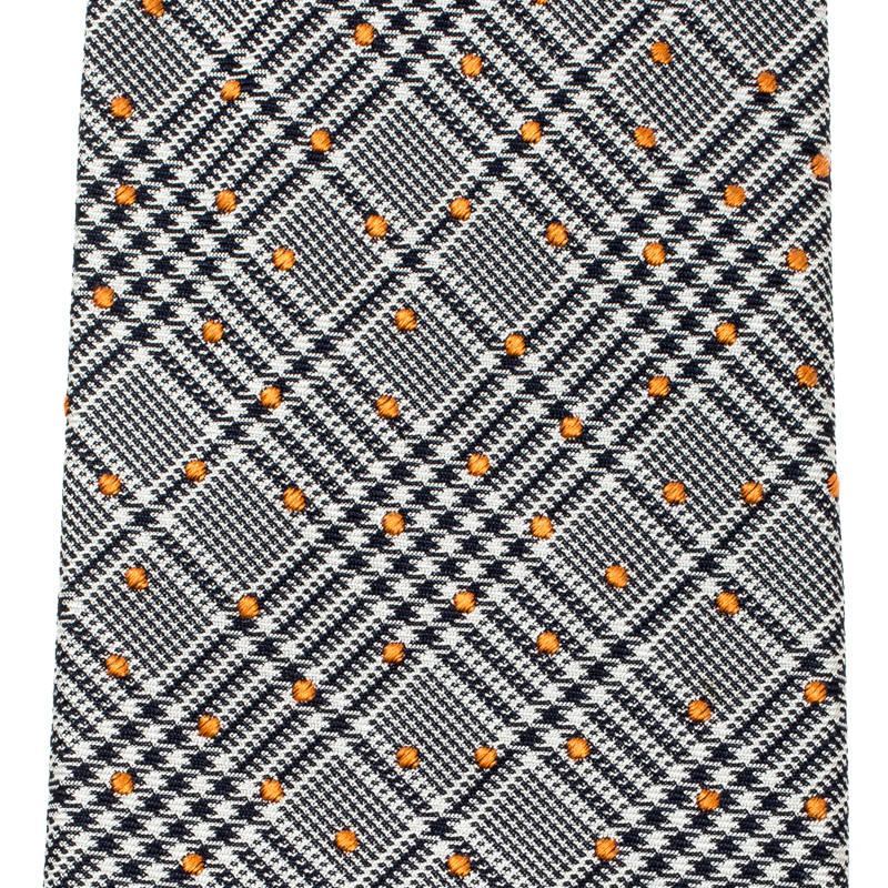 

Hermes Black and White Plaid Dot Embroidered Silk Jacquard Tie