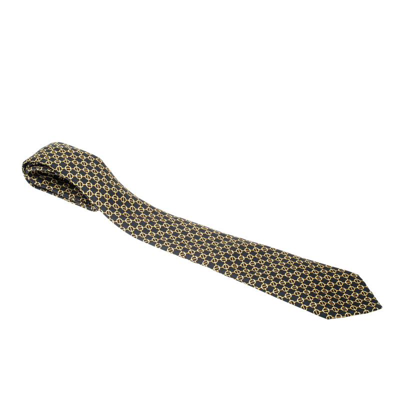 Pre Owned Hermes Black Horsebit Print Silk Twill Tie