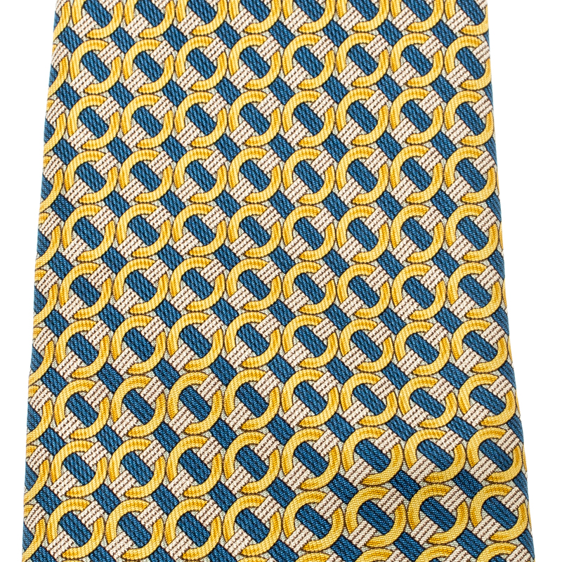 

Hermes Yellow and Blue Ring print Silk Tie