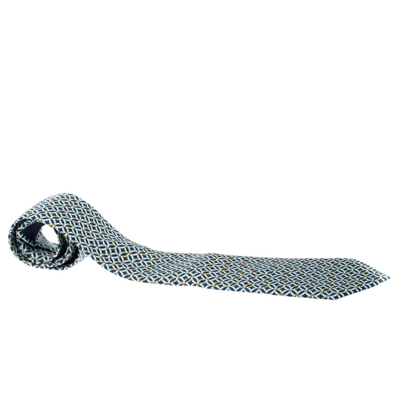 Pre Owned Hermes Blue Circular Belt Print Silk Tie 