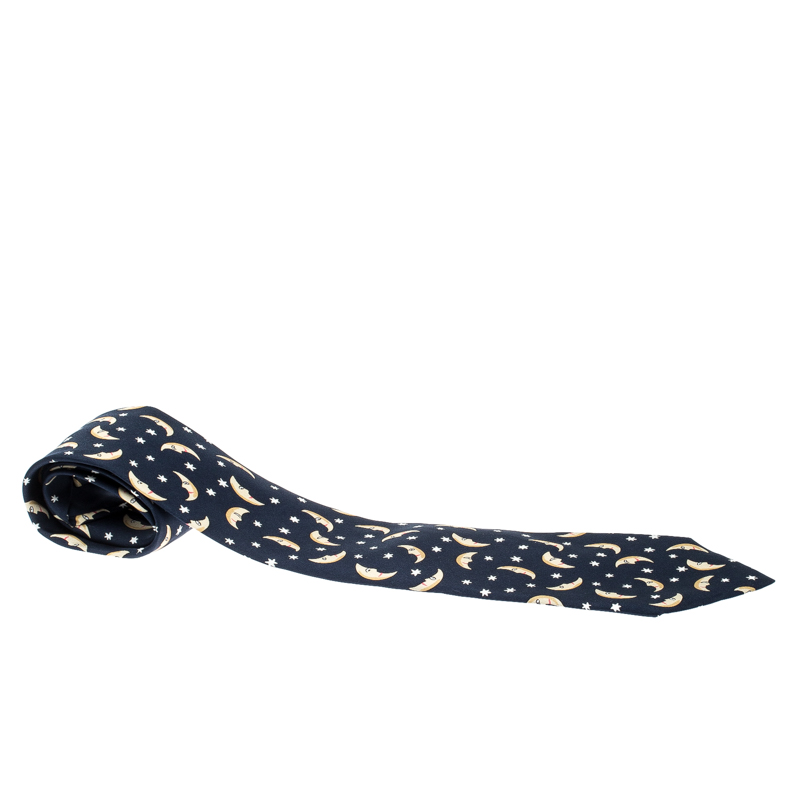 Pre Owned Hermes Navy Blue Half Moon Print Silk Twill Tie