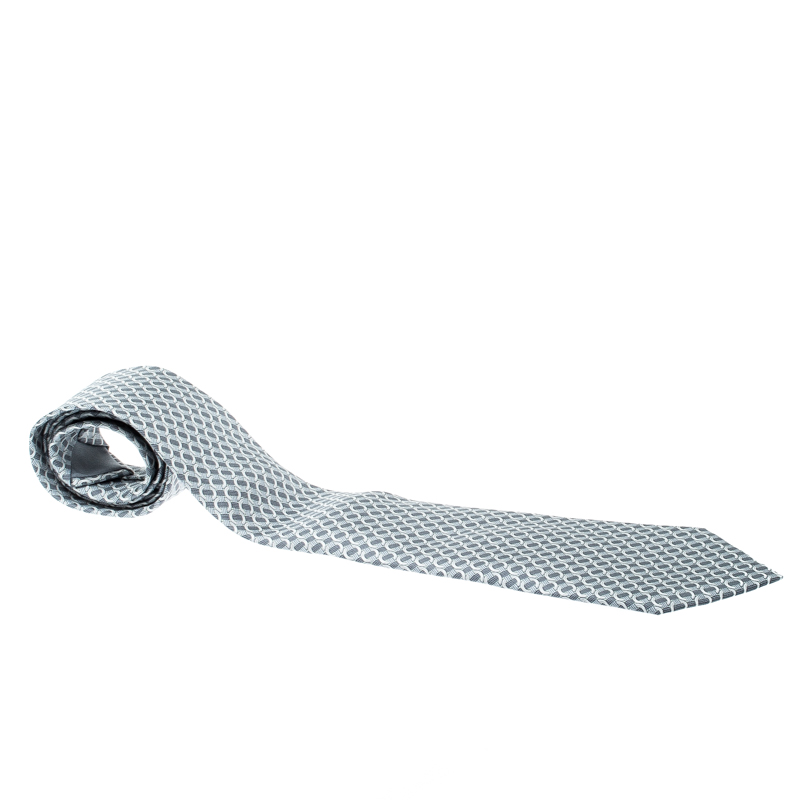 Pre Owned Hermes Grey Ring Print Silk Tie