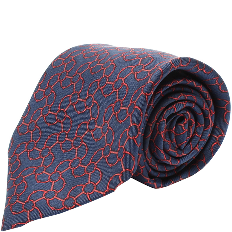 Pre Owned Hermes Navy Blue Ring Print Silk Tie