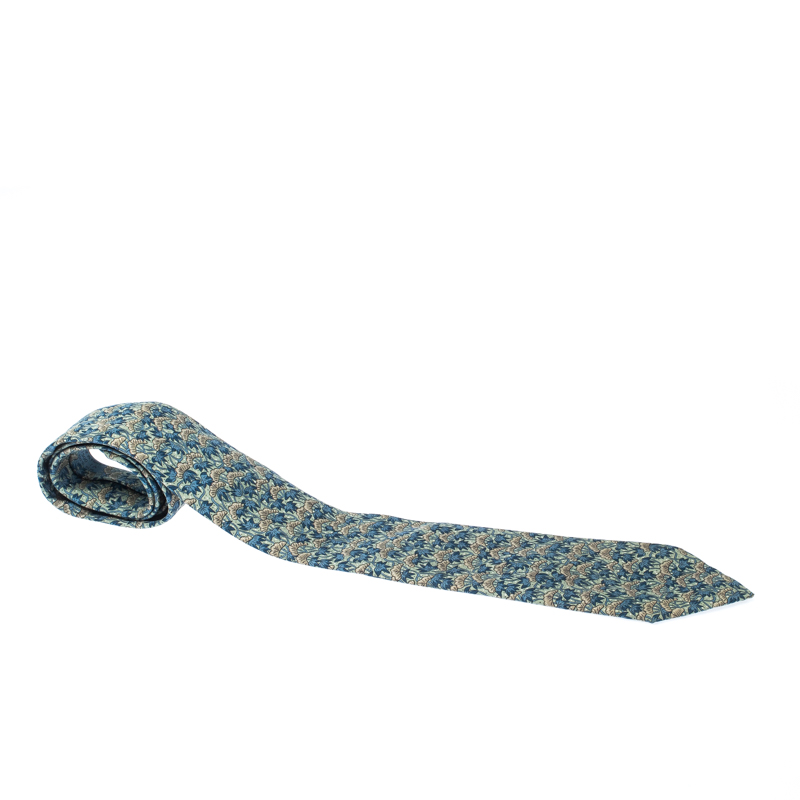 Pre Owned Hermès Light Green Japanese Maple Tree Print Silk Classic Tie 