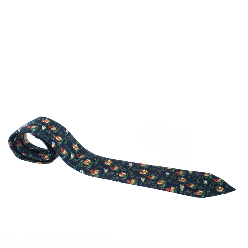 Pre Owned Hermès Blue Tropical Print Silk Classic Tie