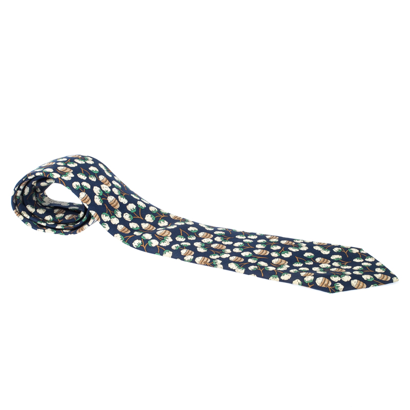 Hermes Navy Blue Floral Barrel Print Silk Classic Tie 