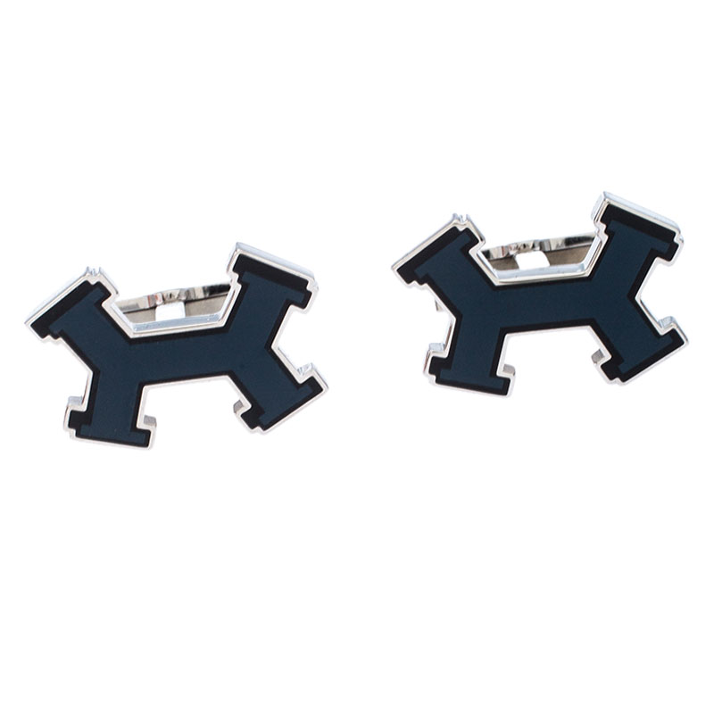 Hermes Dark Blue Street H Lacquered Palladium Plated Cufflinks