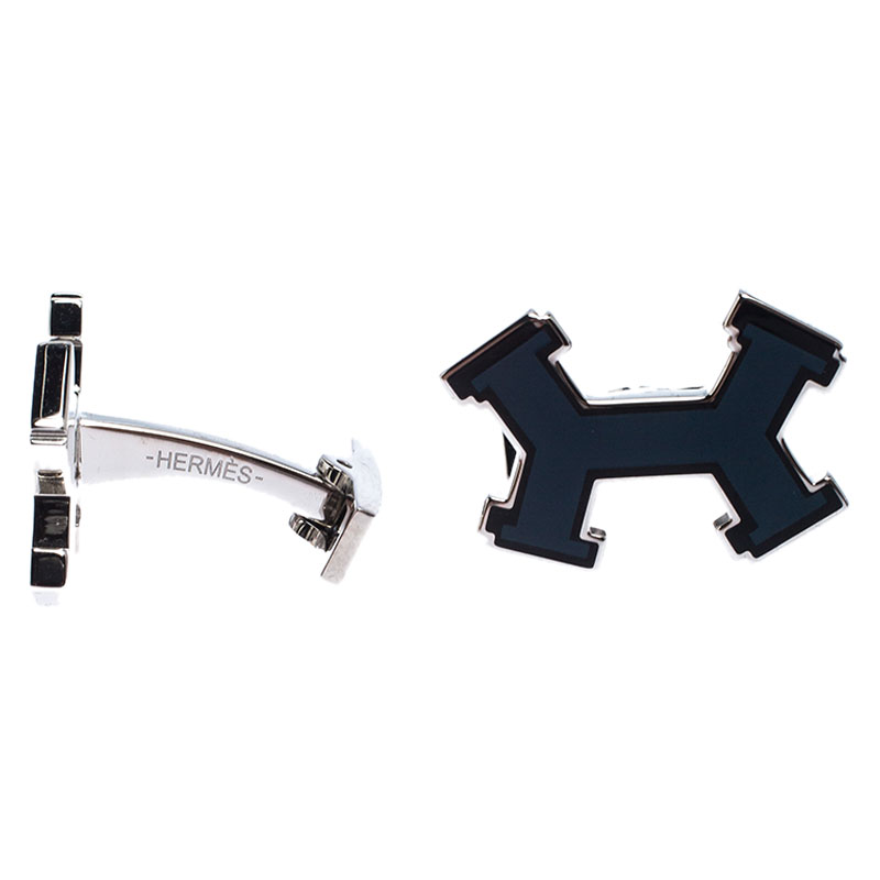 

Hermes Dark Blue Street H Lacquered Palladium Plated Cufflinks