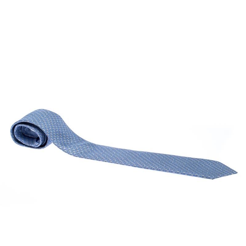 Pre Owned Hermes Blue Shark And Dolphin Print Classic Silk Tie