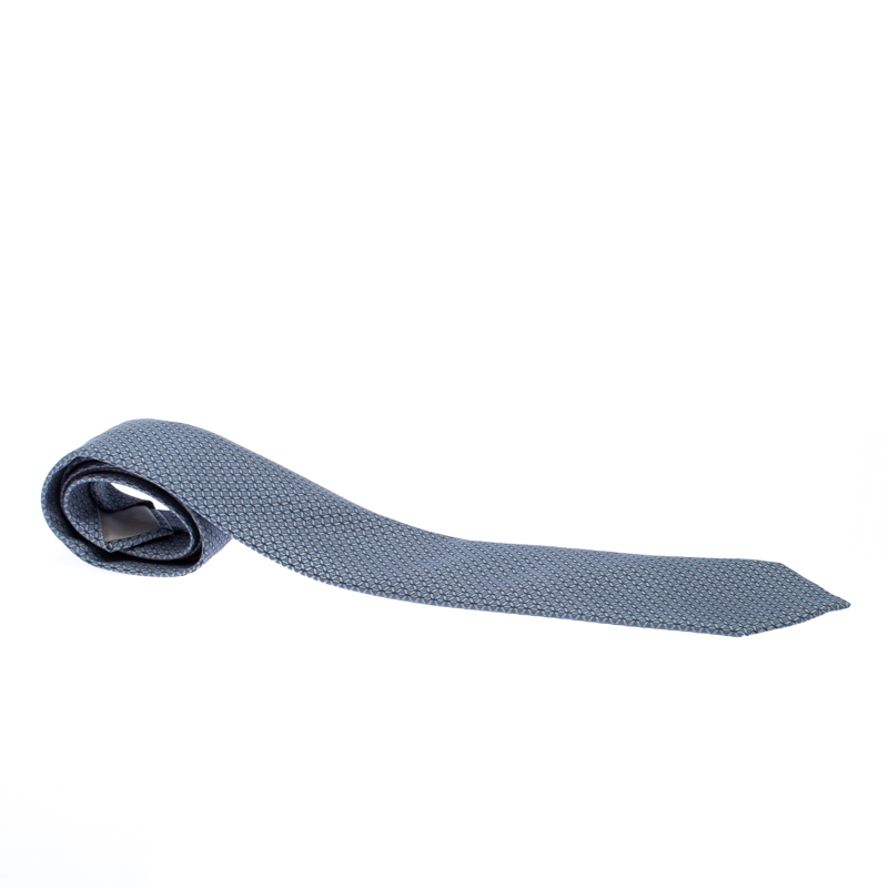 Pre Owned Hermes Blue Geometric Print Classic Silk Tie