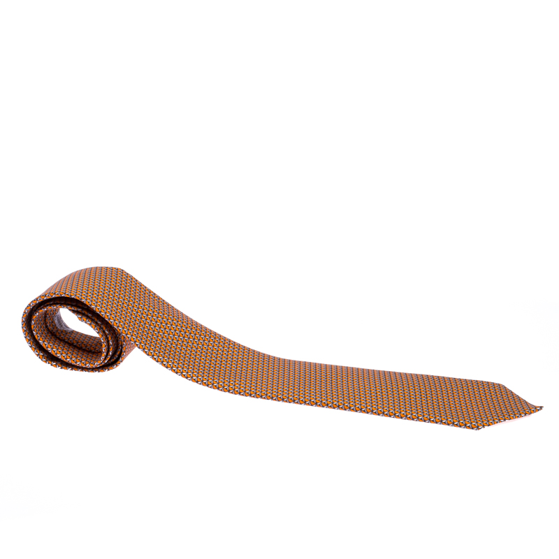 Pre Owned Hermes Orange Chateau De Cartes Printed Classic Silk Tie