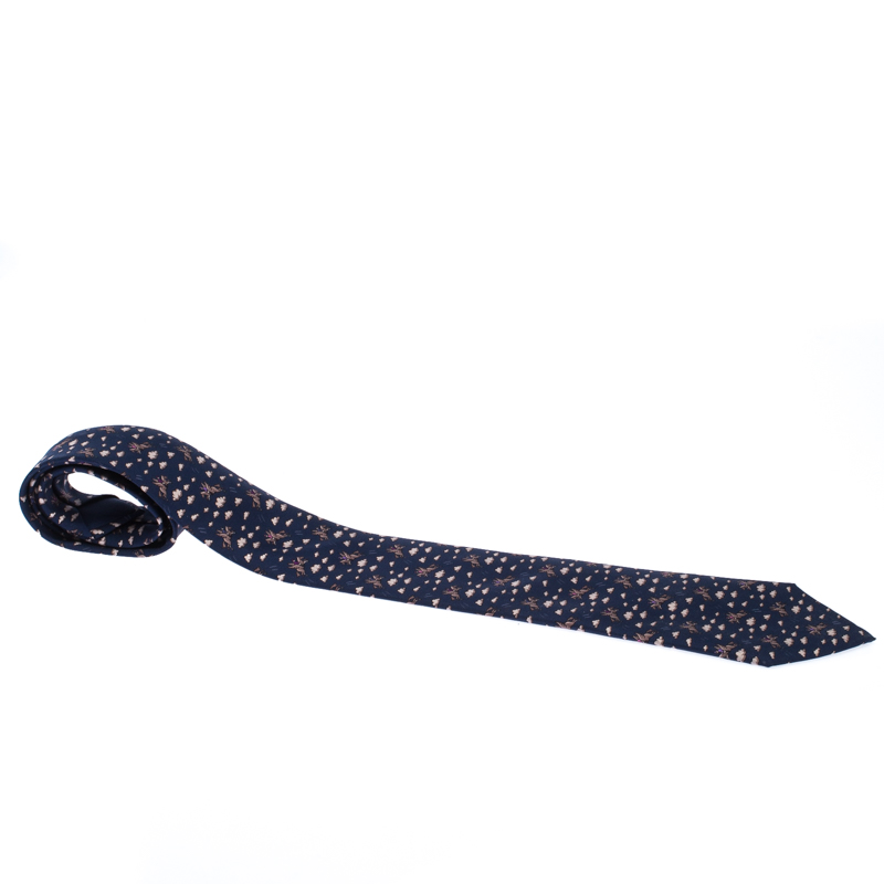 Pre Owned Hermès Navy Blue Pegasus and Cloud Print Silk Twill Tie