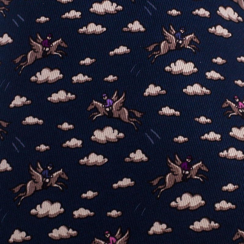

Hermès Navy Blue Pegasus and Cloud Print Silk Twill Tie