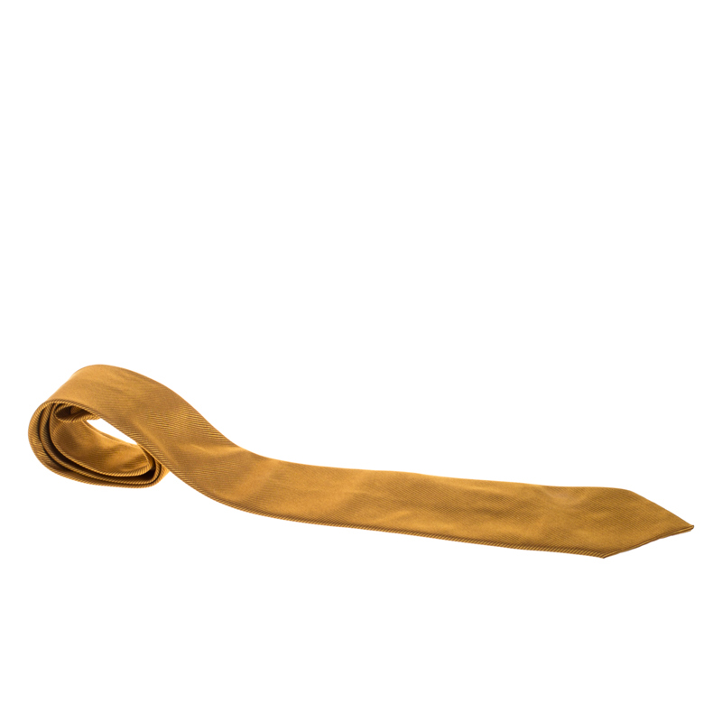 Pre Owned Hermès Vintage Mustard Yellow Striped Jacquard Silk Tie 