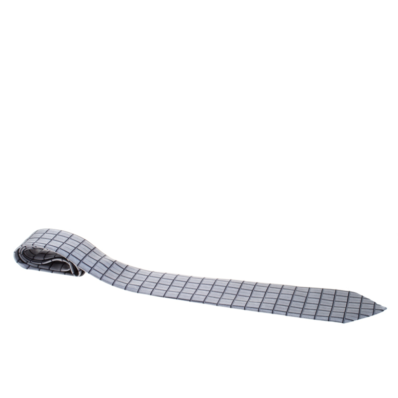 Pre Owned Hermès Vintage Grey Grid Print Silk Twill Tie 