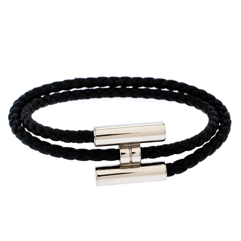 Hermès Tournis Tresse Black Leather Palladium Plated Bracelet