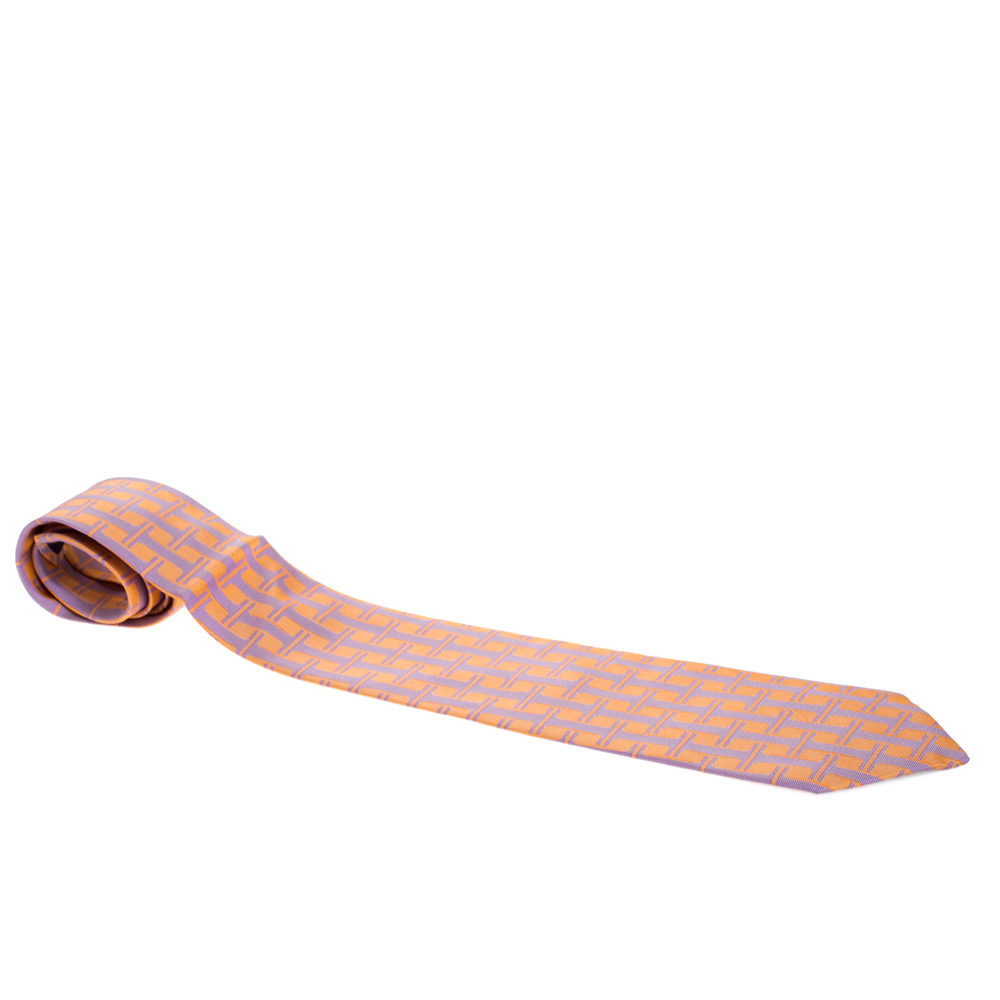 Pre Owned Hermes Orange & Purple H Patterned Jacquard Traditional Silk Tie
