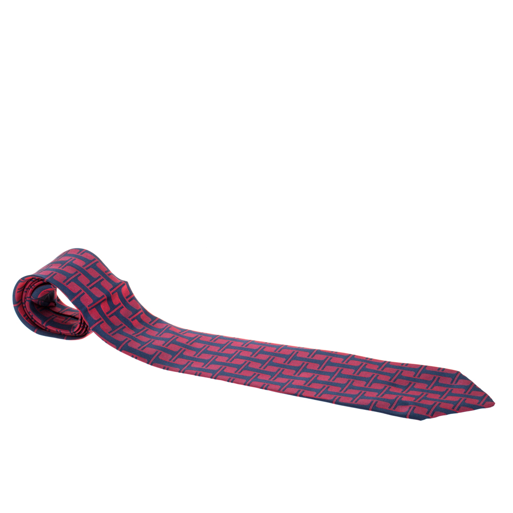 Pre Owned Hermès Red and Blue H Patterned Jacquard Silk Tie